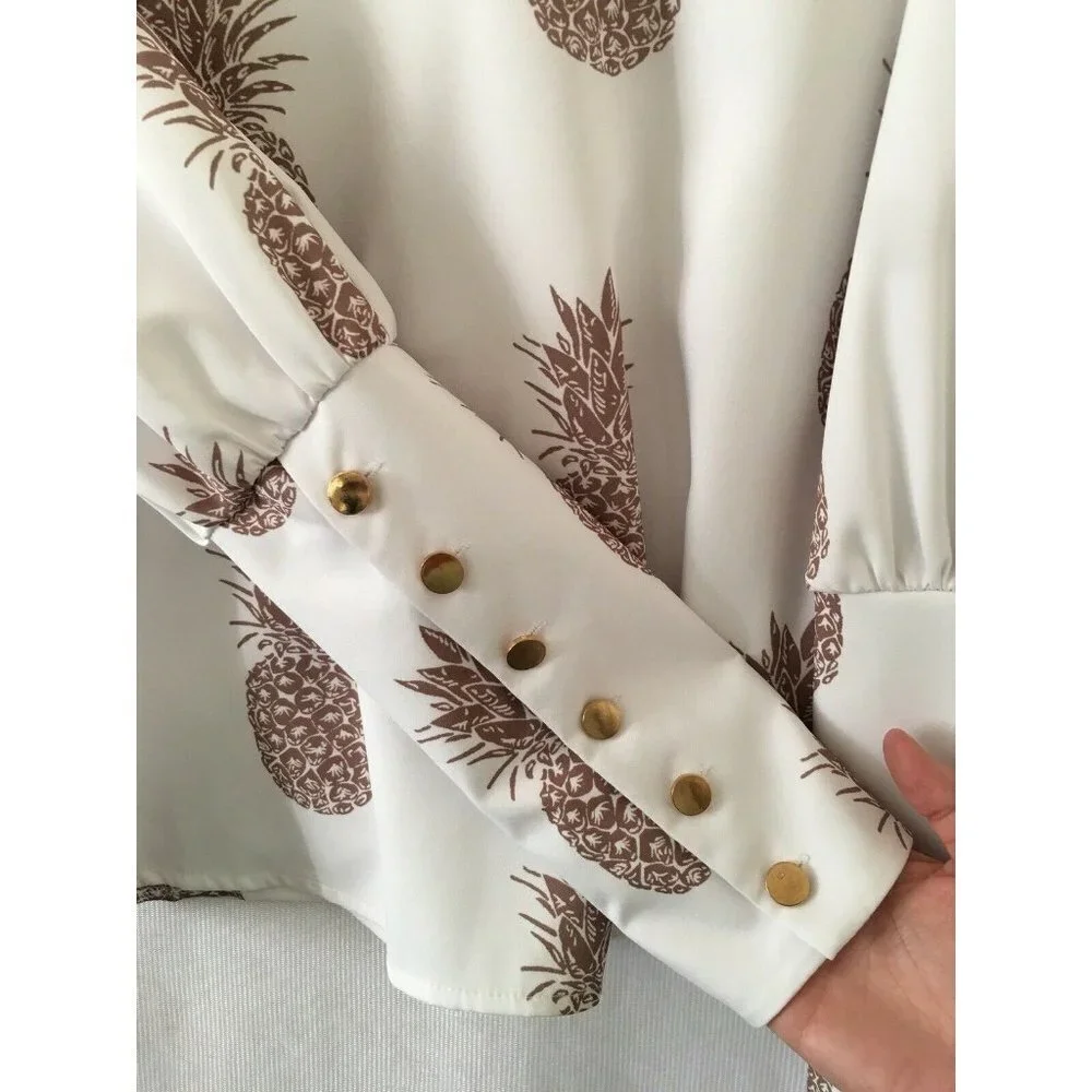 NWT CBR Chic Boutique Rose Pineapple Print BOHO Classic Couture Blouse Top - Picture 11 of 13